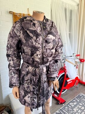 Emilio Pucci Hooded Quilted Puffer Coat in Purple and Gray Print 2000s Vintage